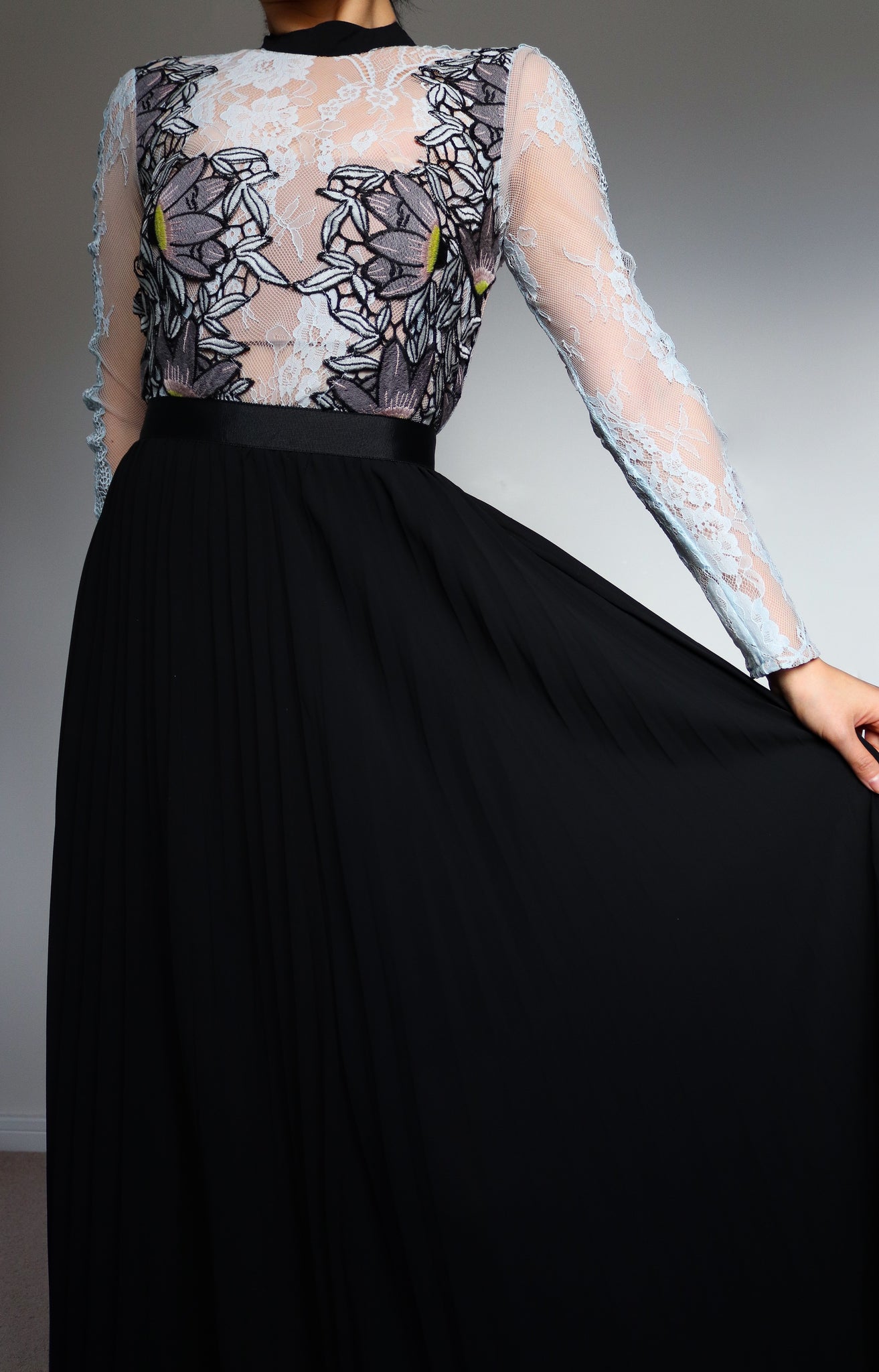 LIGHT BLUE FORMAL MESH FLORAL LONG LACE SLEEVES PLEATED MAXI LONG DRESS