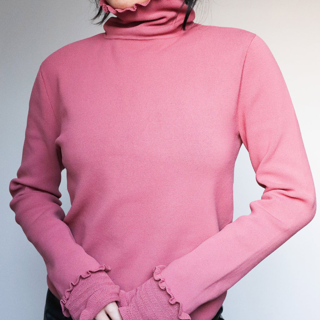90s CLUB MONACO PINK RUFFLE TURTLE HIGH NECK JUMPER KNIT SWEATER