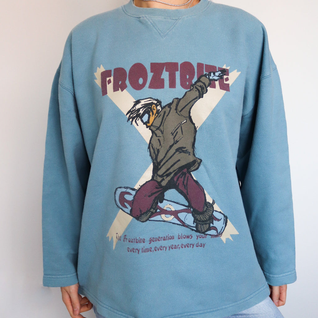 90S VINTAGE SKI BOARD ILLUSTRATION BLUE LONG SLEEVES JUMPER SWEATER
