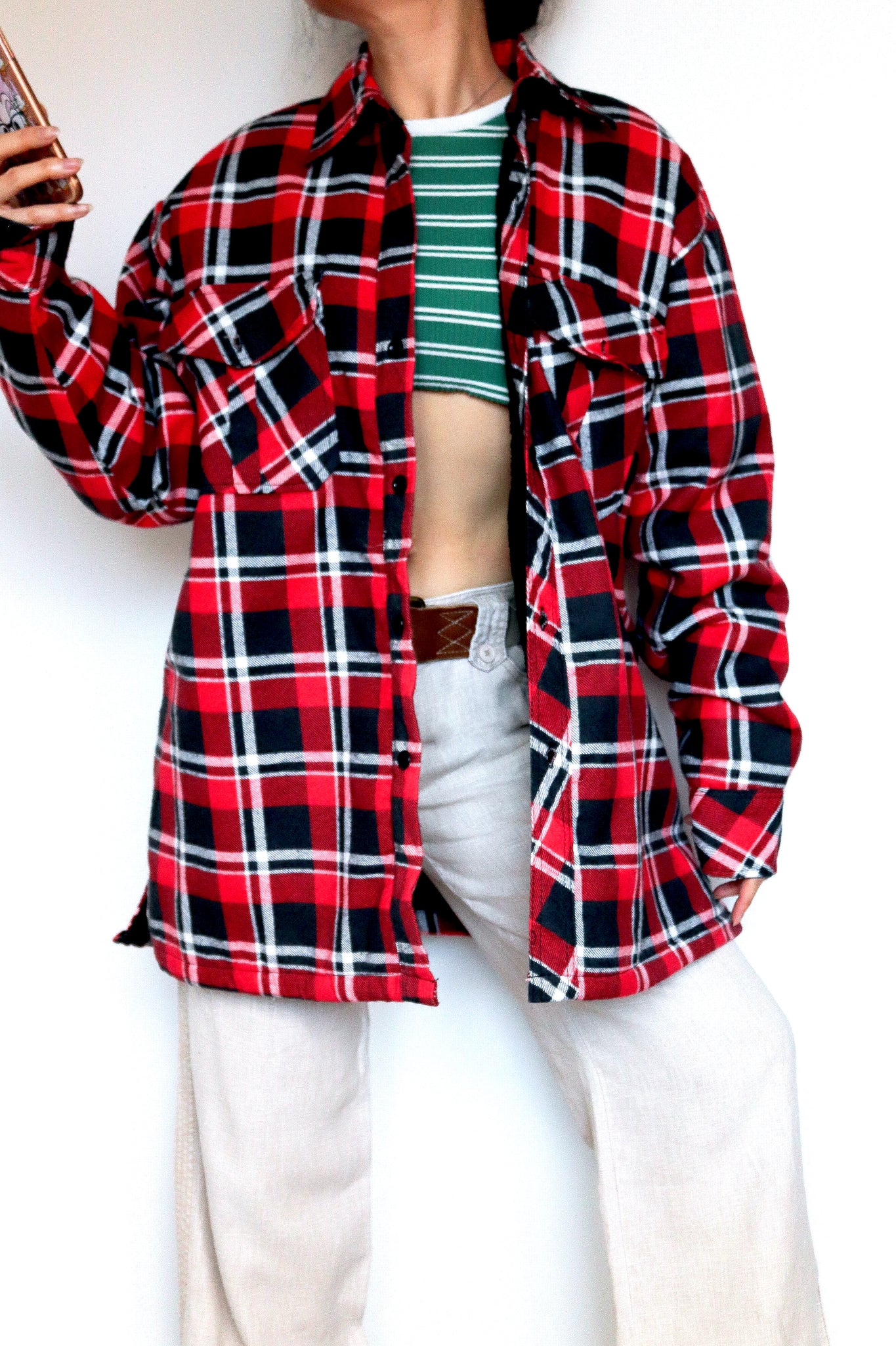VINTAGE UNISEX MEN RED NAVY BLACK WHITE CHECK OVERSIZED FLEECE LINING COAT SHIRT BLAZER JACKET