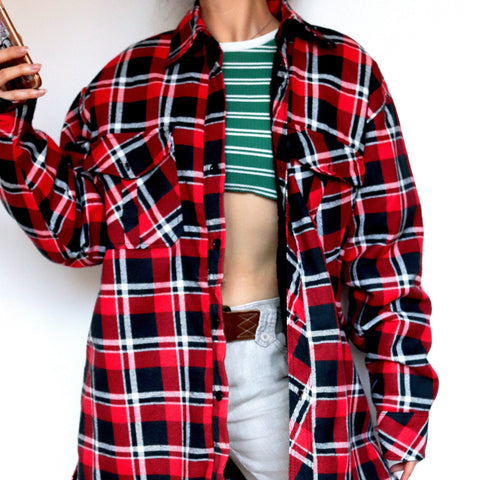 VINTAGE UNISEX MEN RED NAVY BLACK WHITE CHECK OVERSIZED FLEECE LINING COAT SHIRT BLAZER JACKET