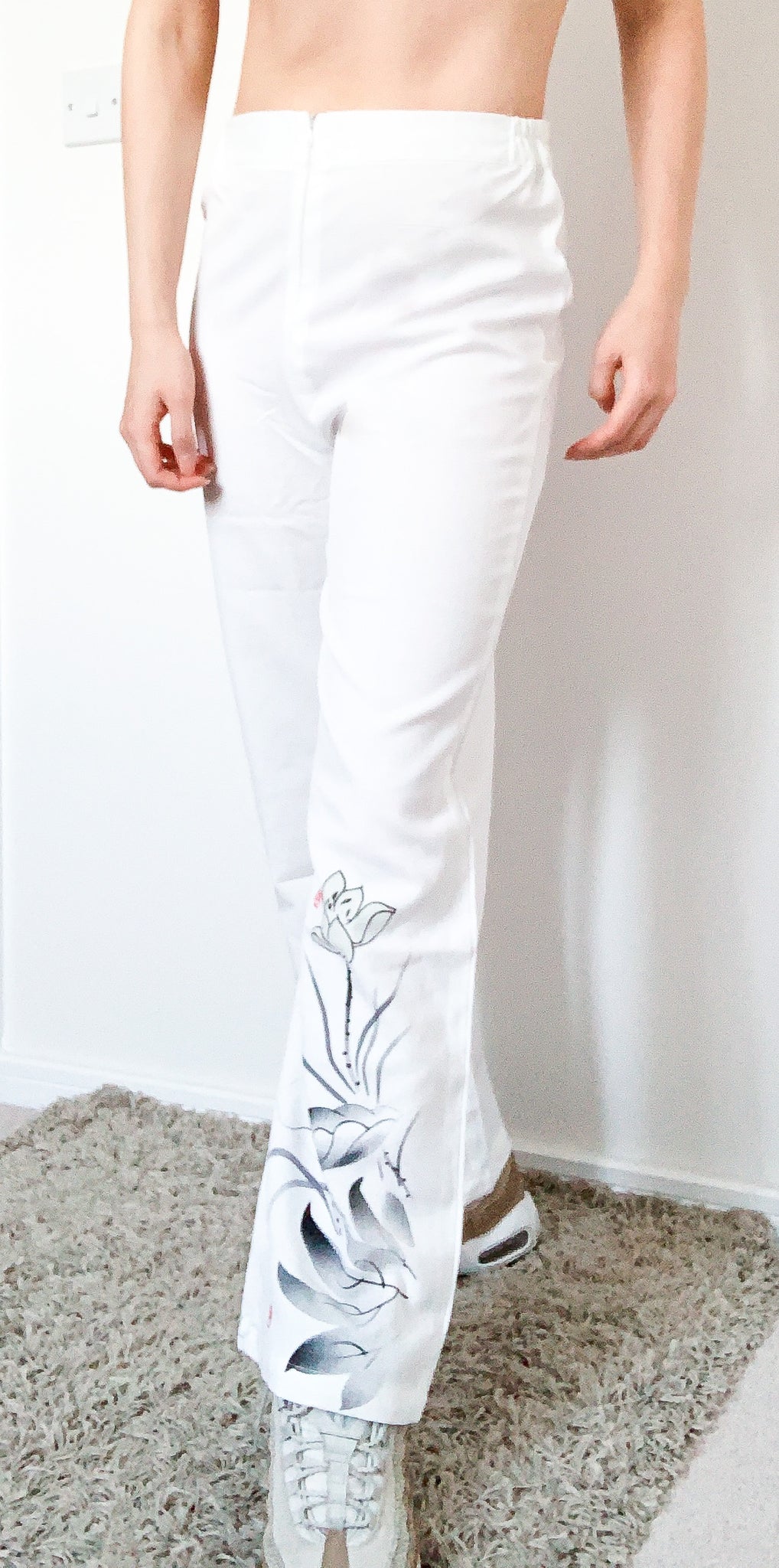 90s Y2K 00s VINTAGE LOTUS FLOWER FLORAL  WHITE LINEN BLENDED TROUSERS