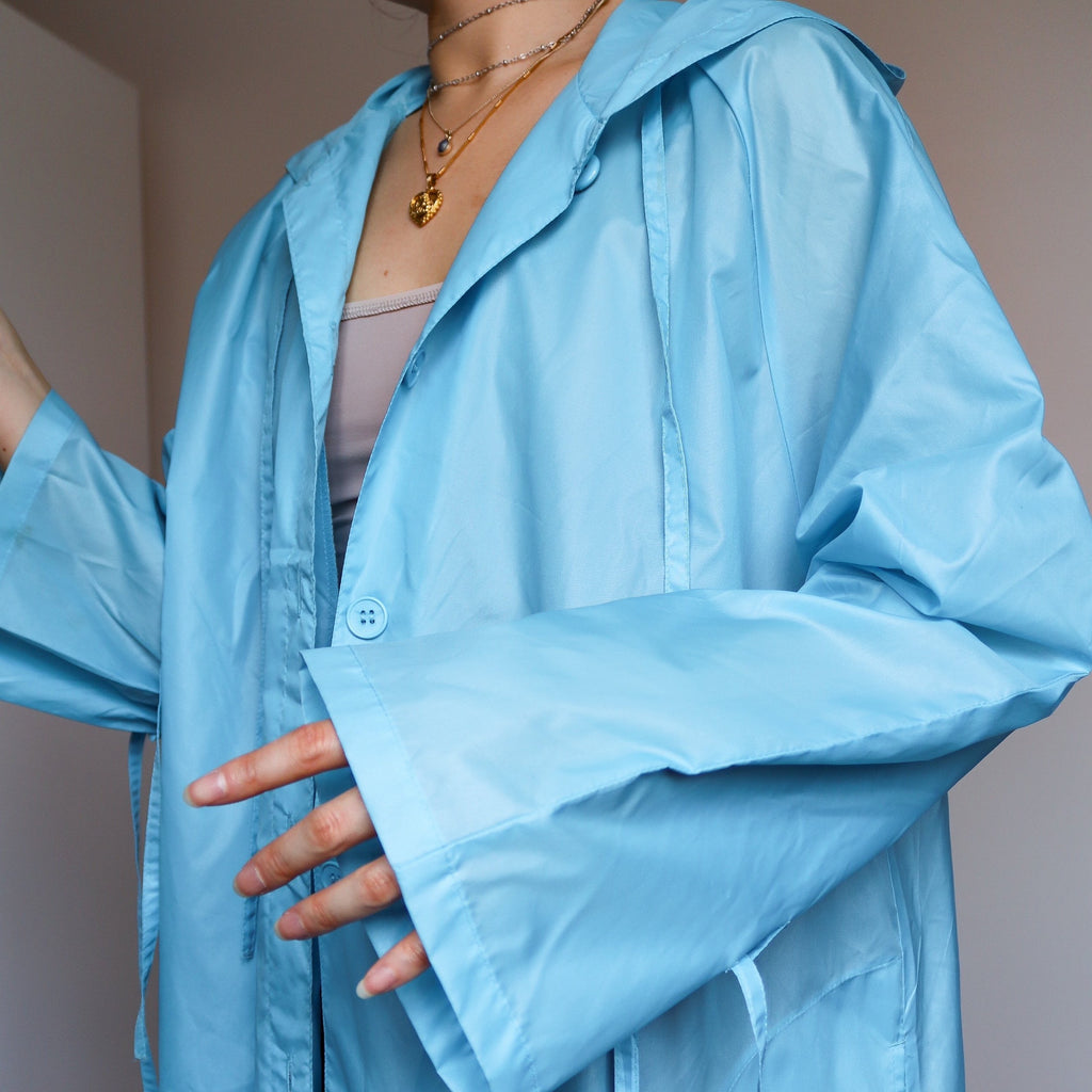 VINTAGE UNISEX MEN WOMEN BLUE NYLON LONG MAXI LENGTH LIGHT WEIGHT BLUE RAINCOAT HOOD COAT JACKET