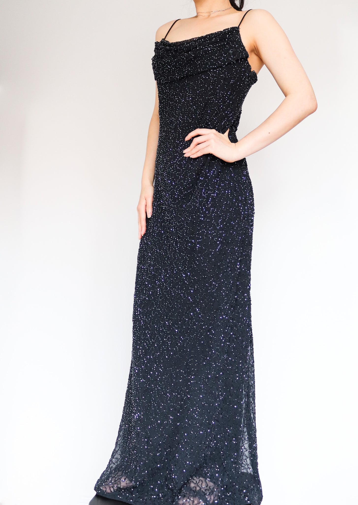 90s Y2K 00s VINTAGE BLACK COWL NECK BEADED STRAPS FULL LENGTH LONG MAXI EVENING SLIP DRESS