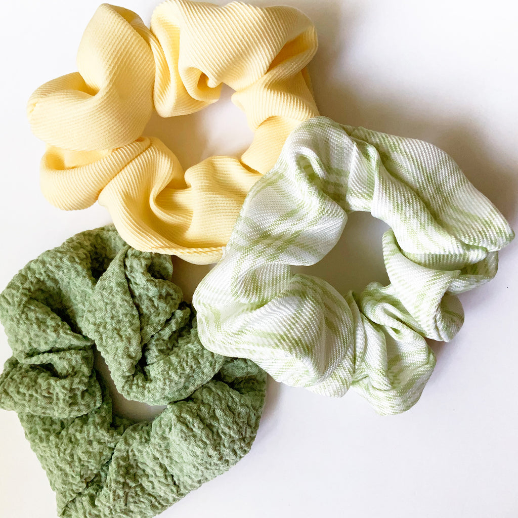 CUTE FLORAL GREEN CREAM CHECK SCRUNCHIE HAIRBAND SET HAIR ACCESSORIES