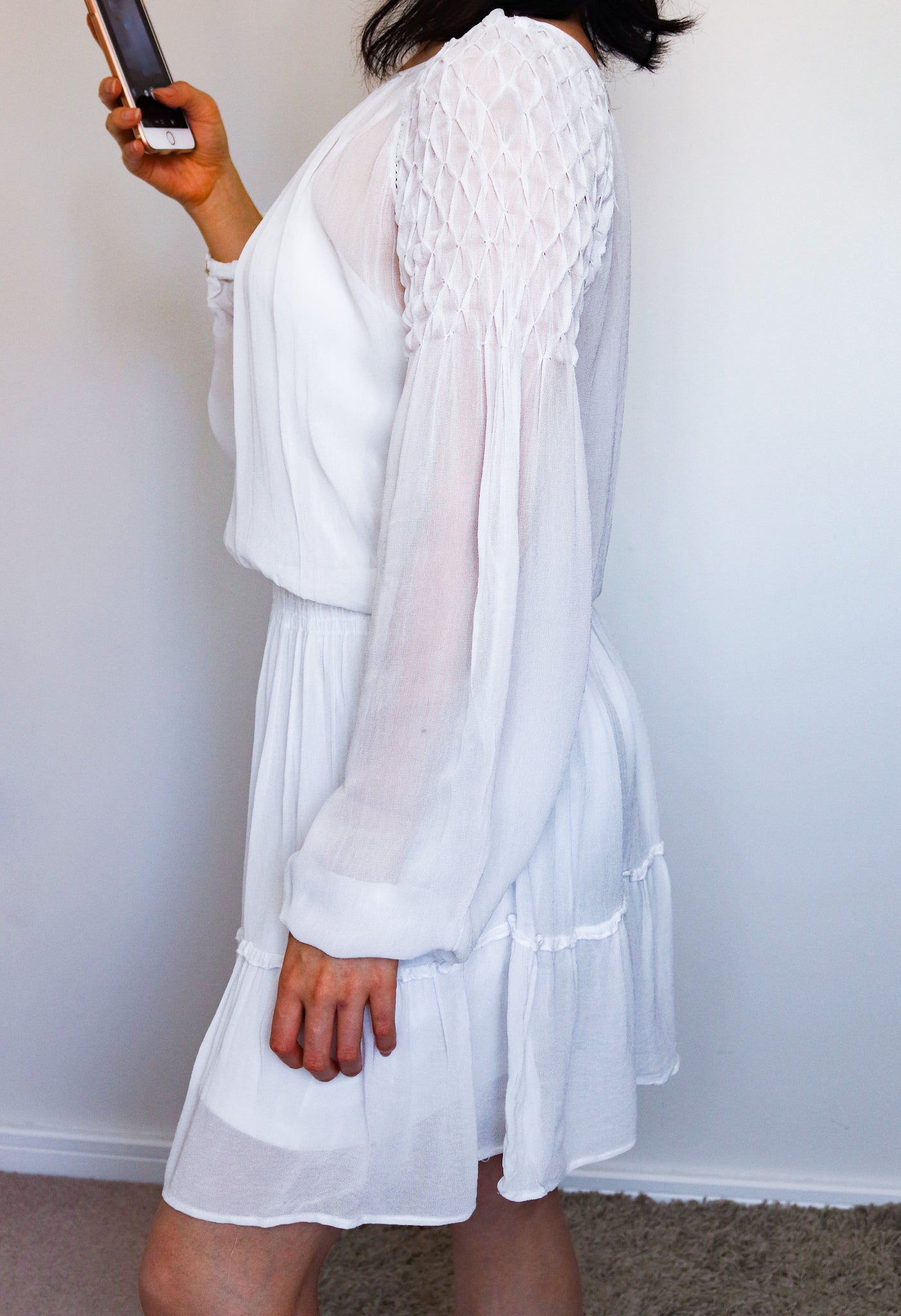 WHITE LONG SLEEVES SEMI SHEER CHIFFON WITH UNDERGARMENT SLIP  DRESS
