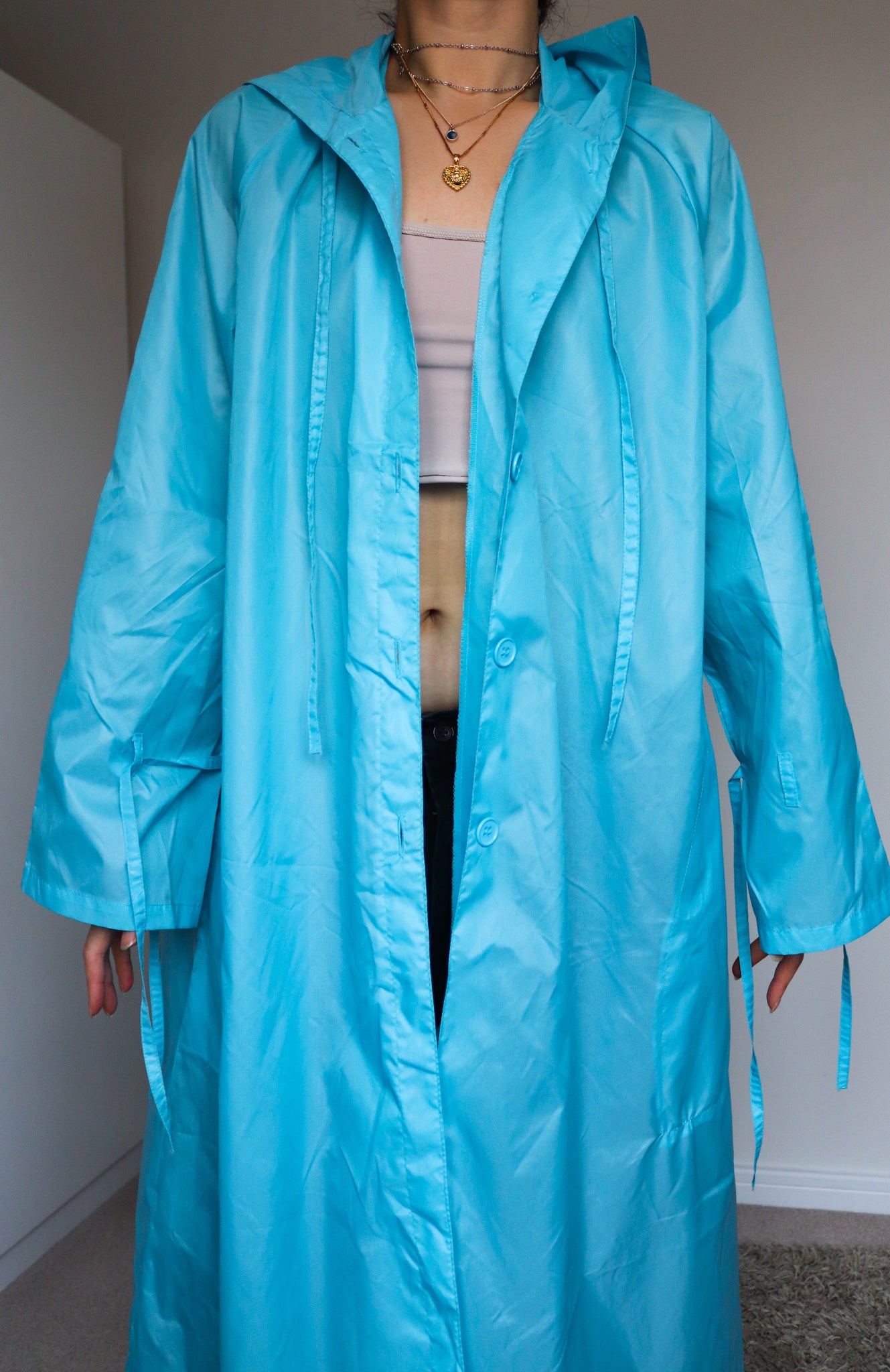 VINTAGE UNISEX MEN WOMEN BLUE NYLON LONG MAXI LENGTH LIGHT WEIGHT BLUE RAINCOAT HOOD COAT JACKET