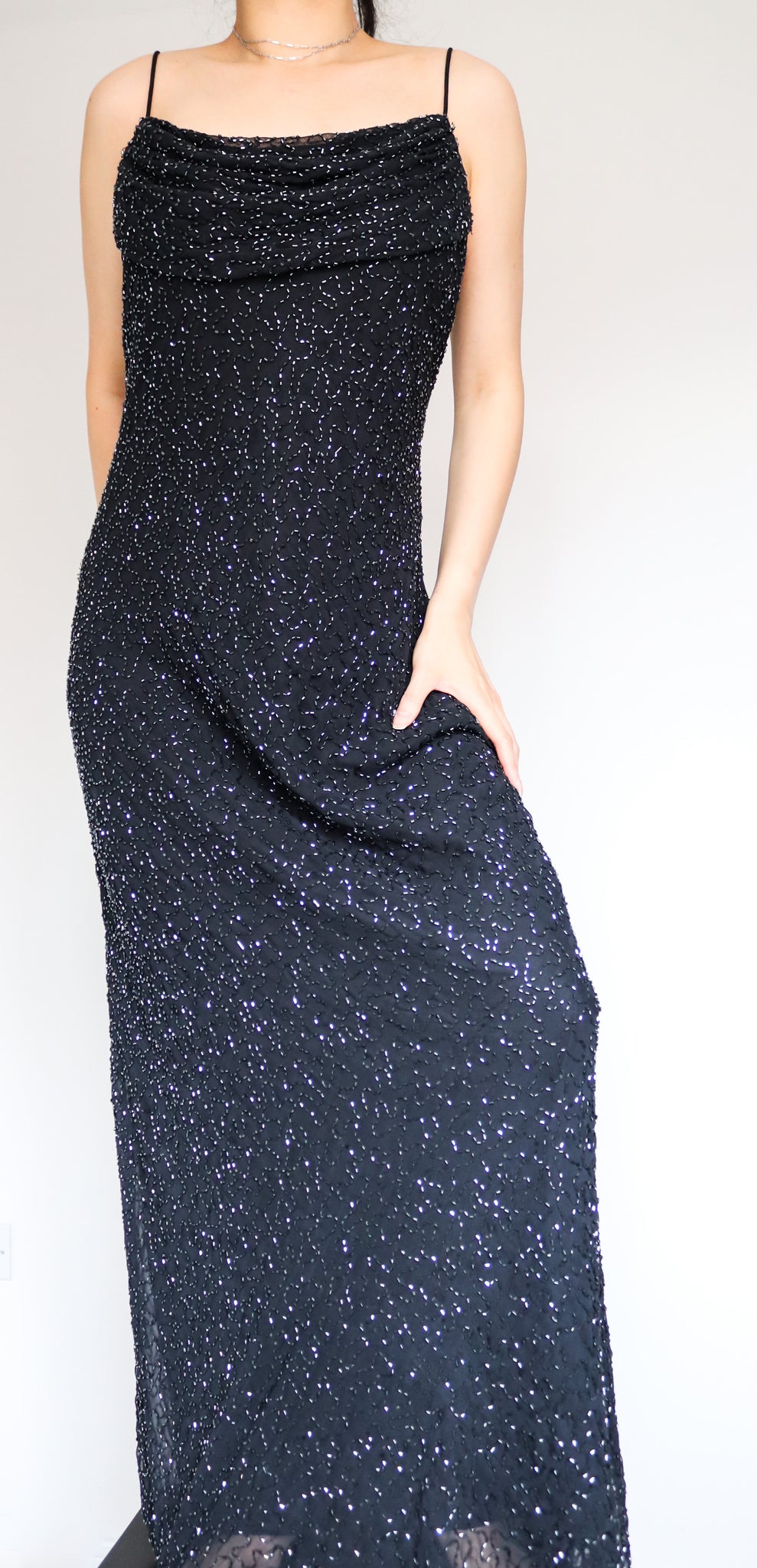 90s Y2K 00s VINTAGE BLACK COWL NECK BEADED STRAPS FULL LENGTH LONG MAXI EVENING SLIP DRESS