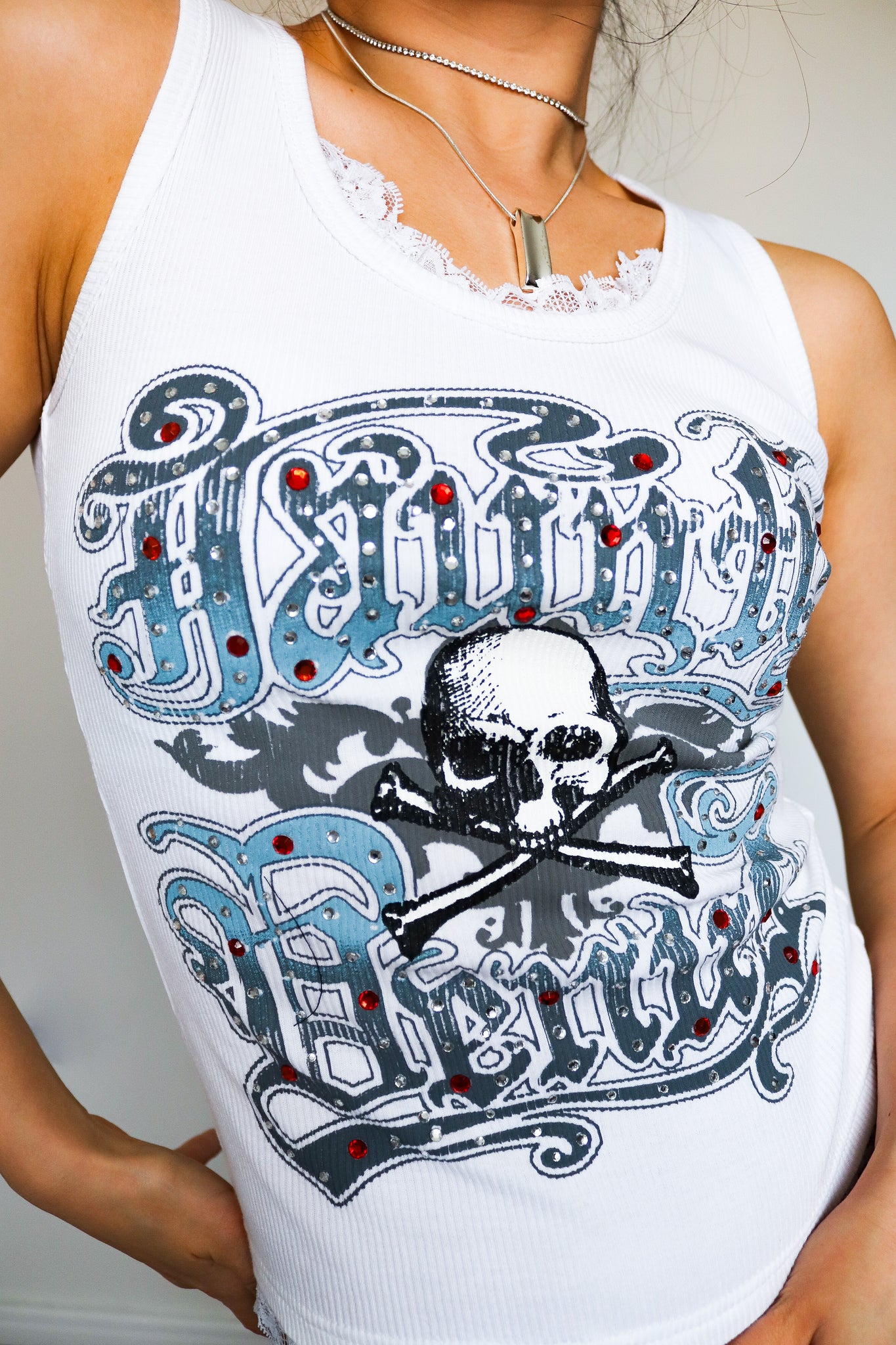 Y2K 90s 00s white skull lace trims vest