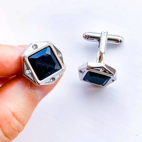 MEN BLACK SPACE SILVER DIAMANTE CUFFLINKS