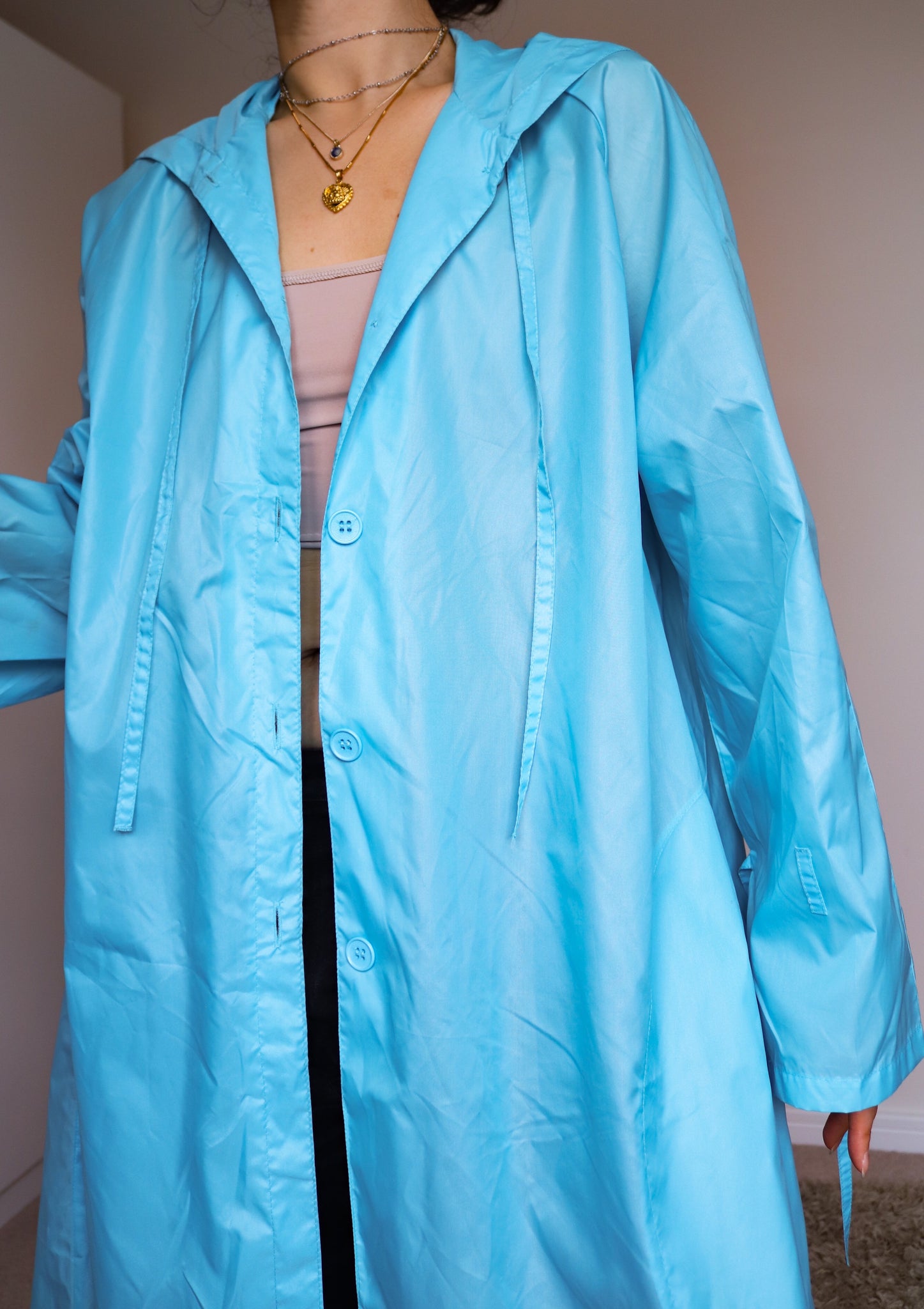 VINTAGE UNISEX MEN WOMEN BLUE NYLON LONG MAXI LENGTH LIGHT WEIGHT BLUE RAINCOAT HOOD COAT JACKET