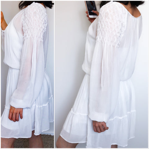 WHITE LONG SLEEVES SEMI SHEER CHIFFON WITH UNDERGARMENT SLIP  DRESS