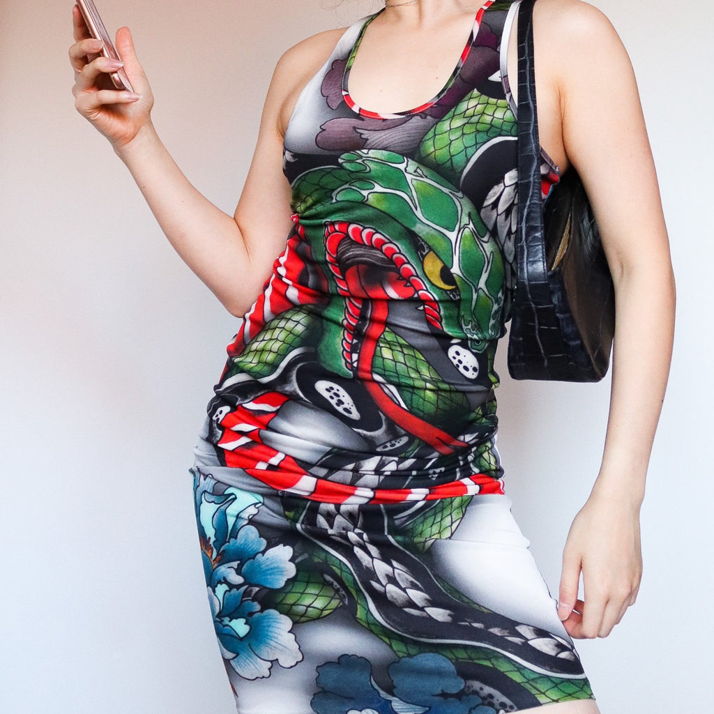 90S Y2K 2000S VINTAGE GREEN RED CHRISTOPHER KANE SNAKE FLORAL ORIENTAL ART PRINT STRETCHY VEST DRESS
