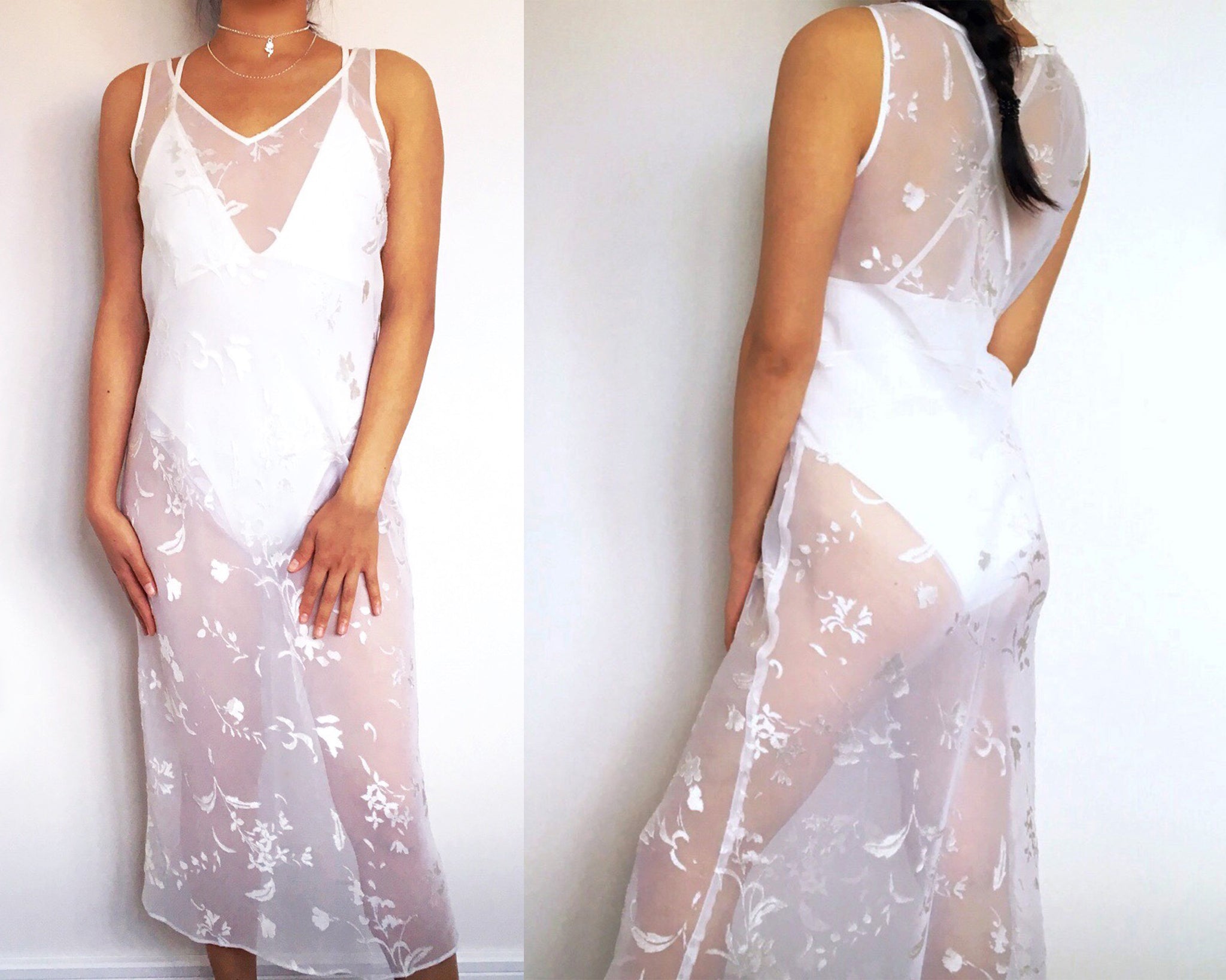90s Y2K 2000s VINTAGE WHITE CREAM FLORAL SEMI SHEER SEE THROUGH LONG MAXI CHIFFON DRESS EXCLUDED THE BODYSUIT