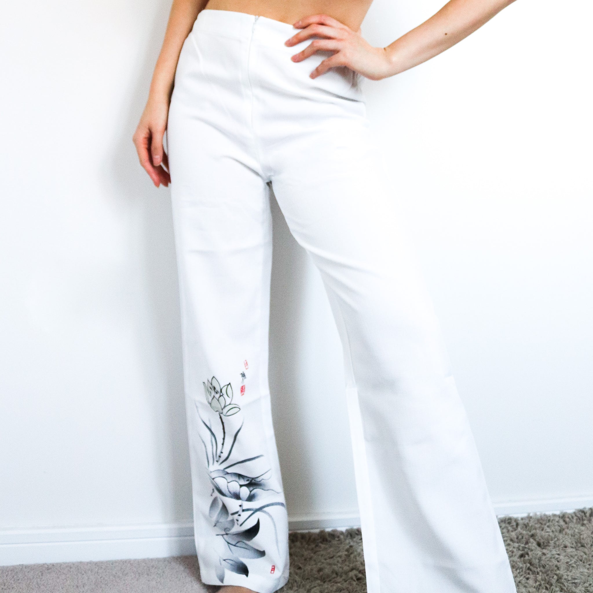 90s Y2K 00s VINTAGE LOTUS FLOWER FLORAL  WHITE LINEN BLENDED TROUSERS