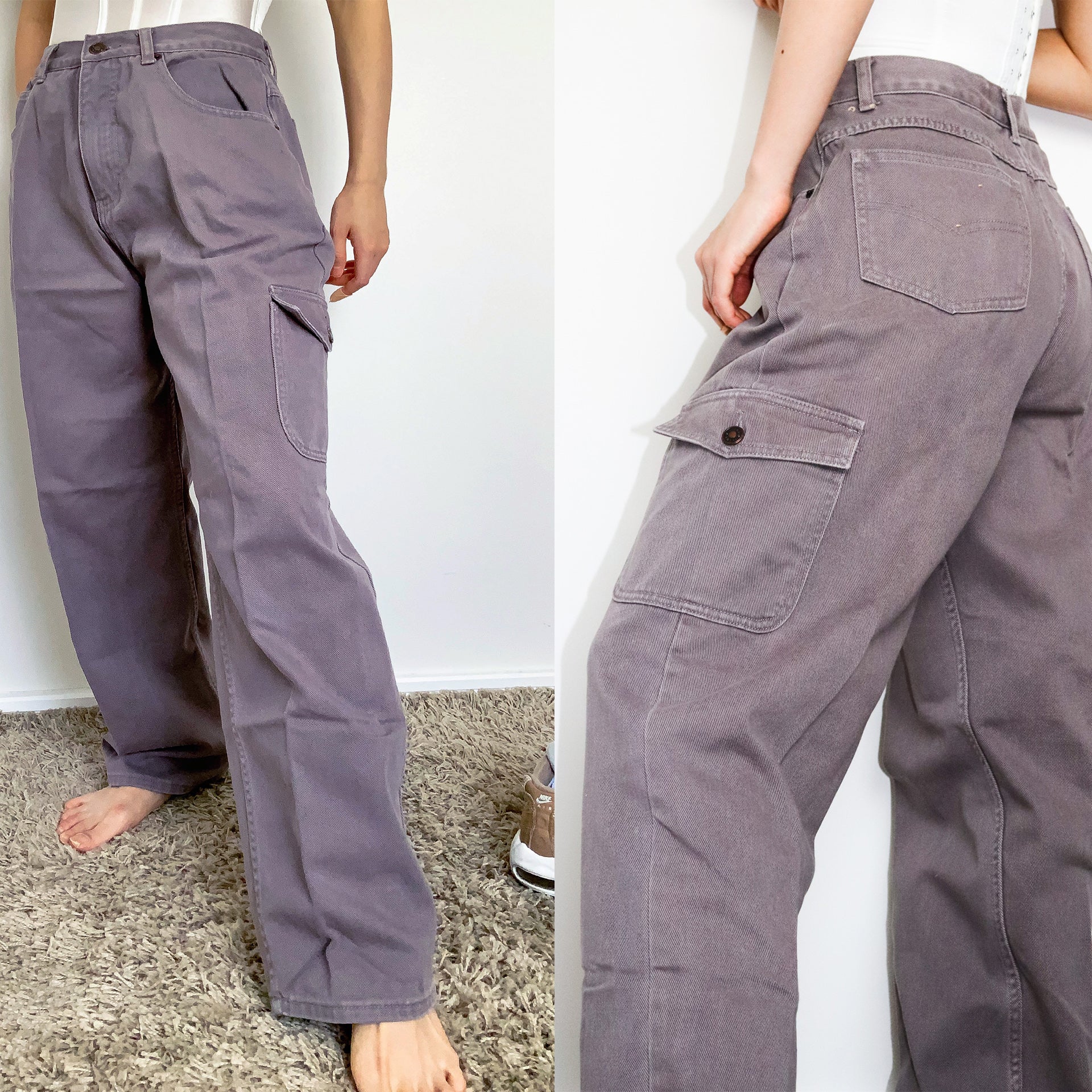 VINTAGE GREY SIDE POCKETS HIGH WAISTED CARGO PANTS TROUSERS