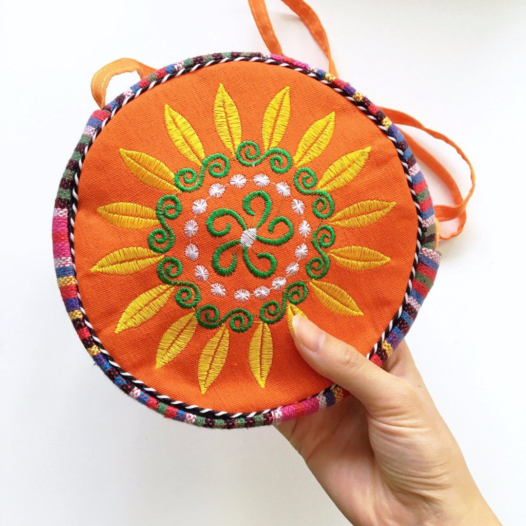 ROUND TRIBAL FLORAL SUNFLOWER EMBROIDERED CROSS BODY BAG