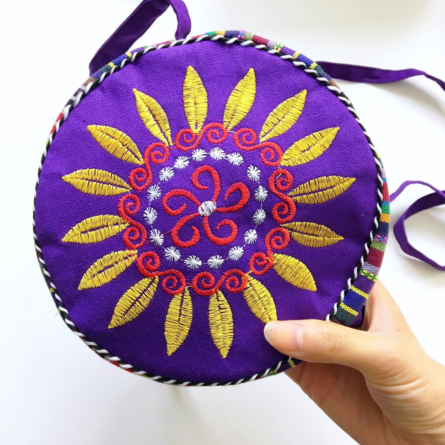 ROUND TRIBAL FLORAL SUNFLOWER EMBROIDERED CROSS BODY BAG