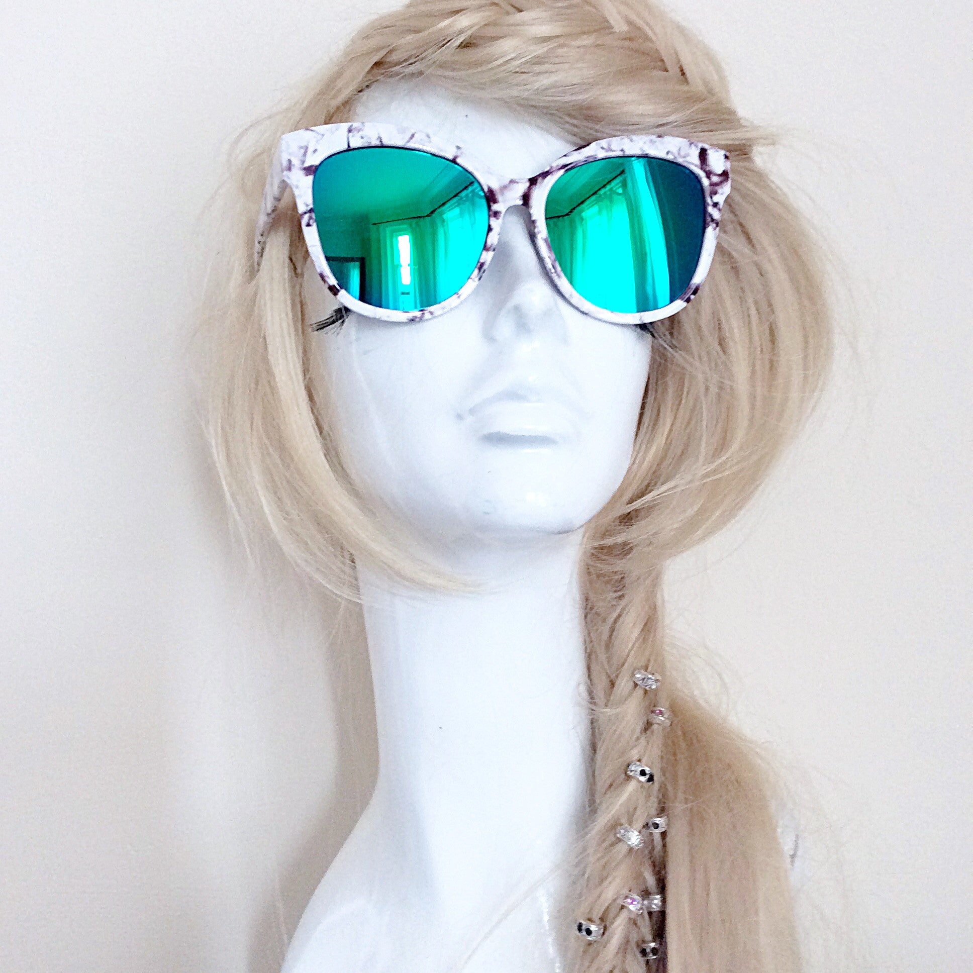 RETRO CATEYE MARBLE FRAME BLUE GREEN MIRROR LENS SUNGLASSES