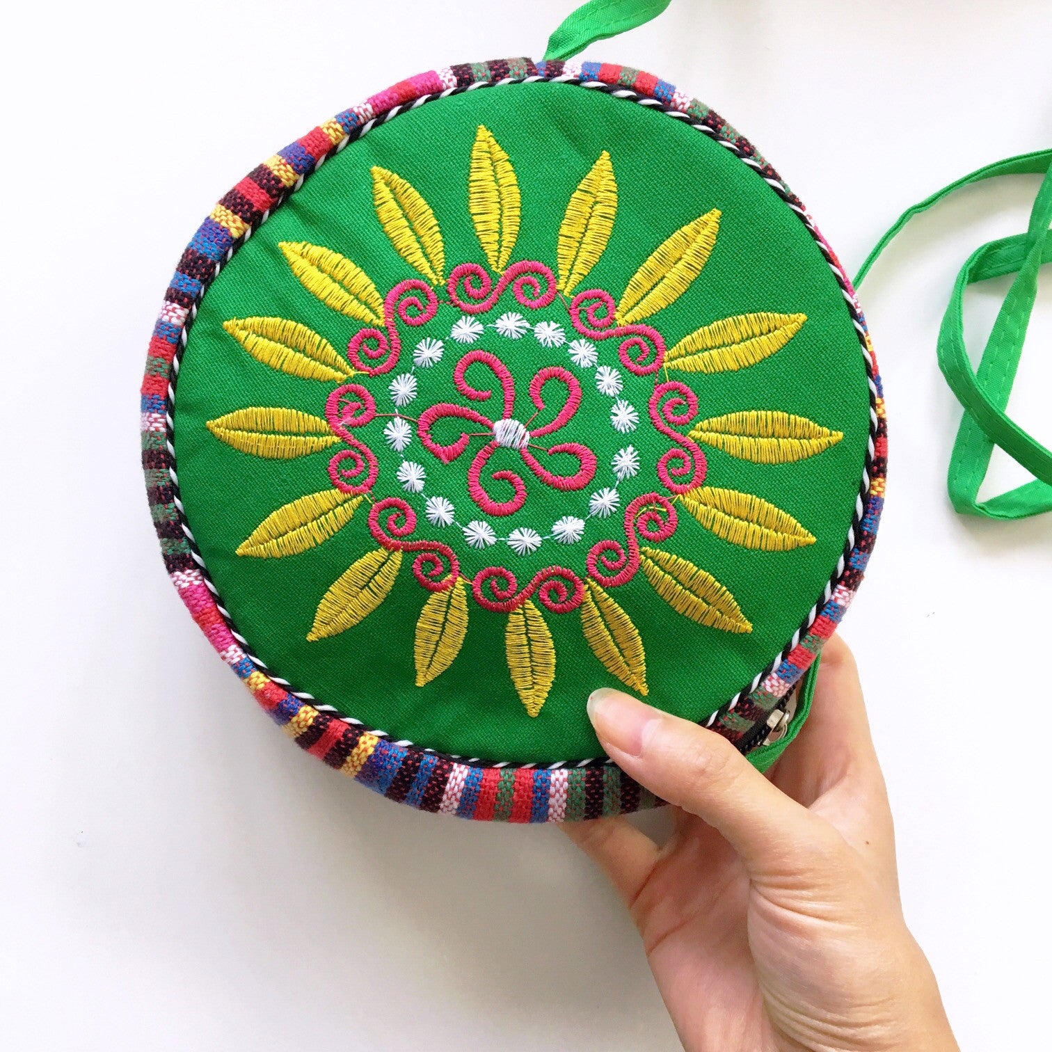 ROUND TRIBAL FLORAL SUNFLOWER EMBROIDERED CROSS BODY BAG