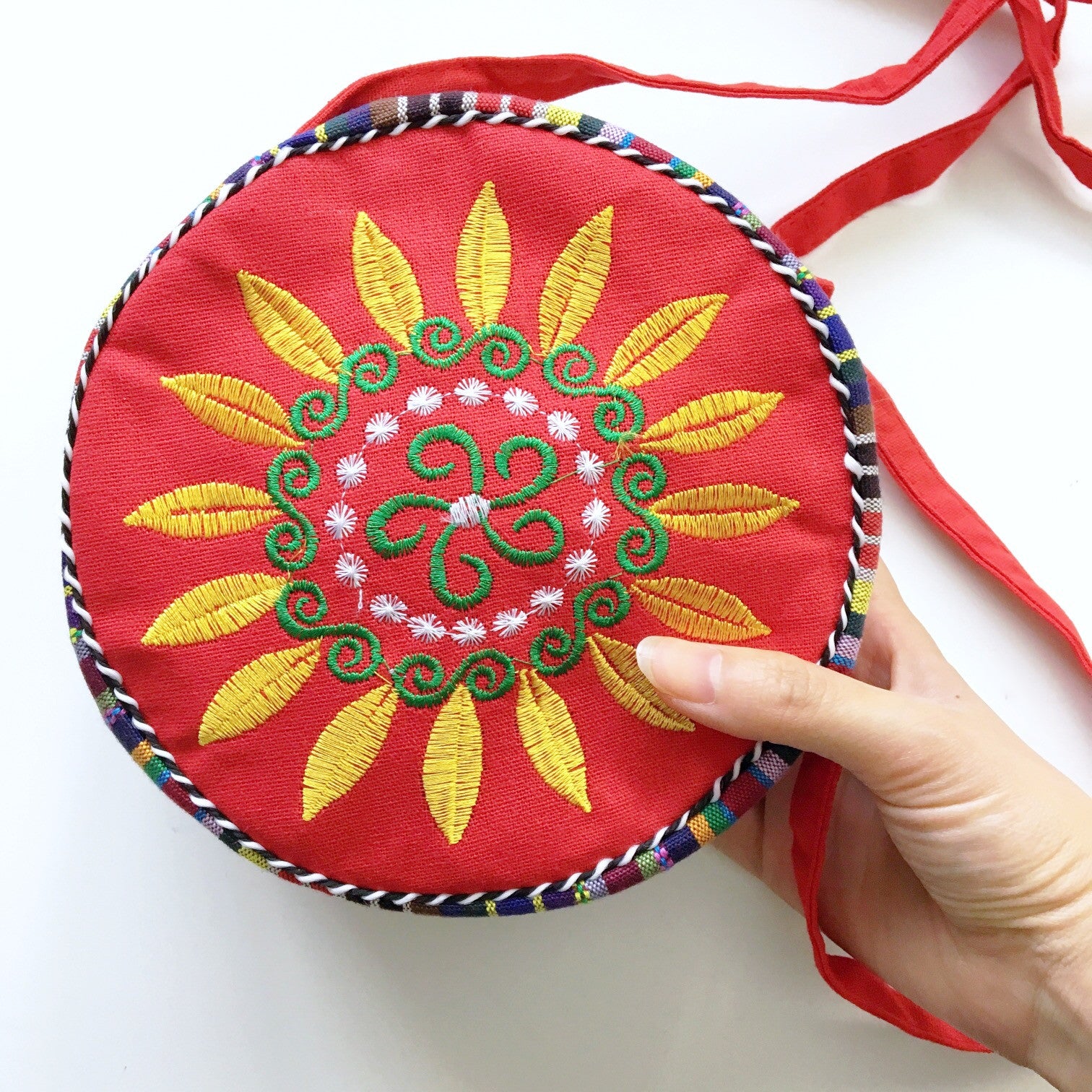 ROUND TRIBAL FLORAL SUNFLOWER EMBROIDERED CROSS BODY BAG