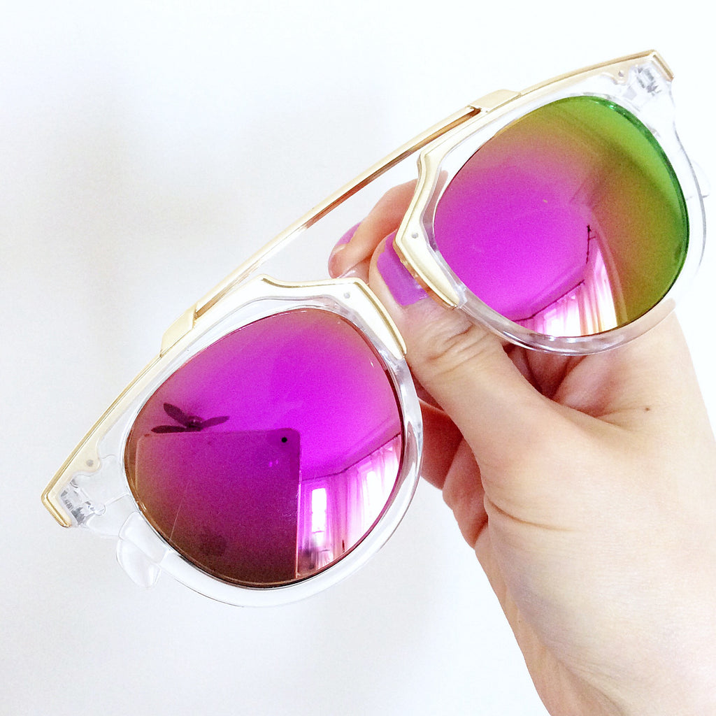 UNISEX CLEAR FRAME PINK REFLECTIVE LENS SUNGLASSES