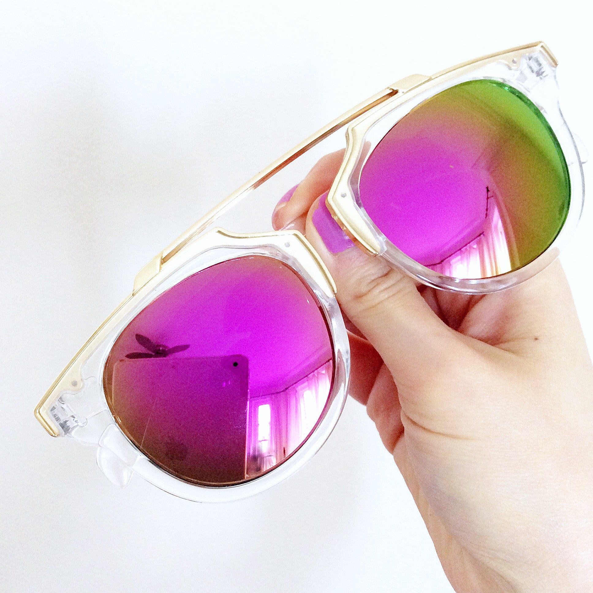 UNISEX CLEAR FRAME PINK REFLECTIVE LENS SUNGLASSES