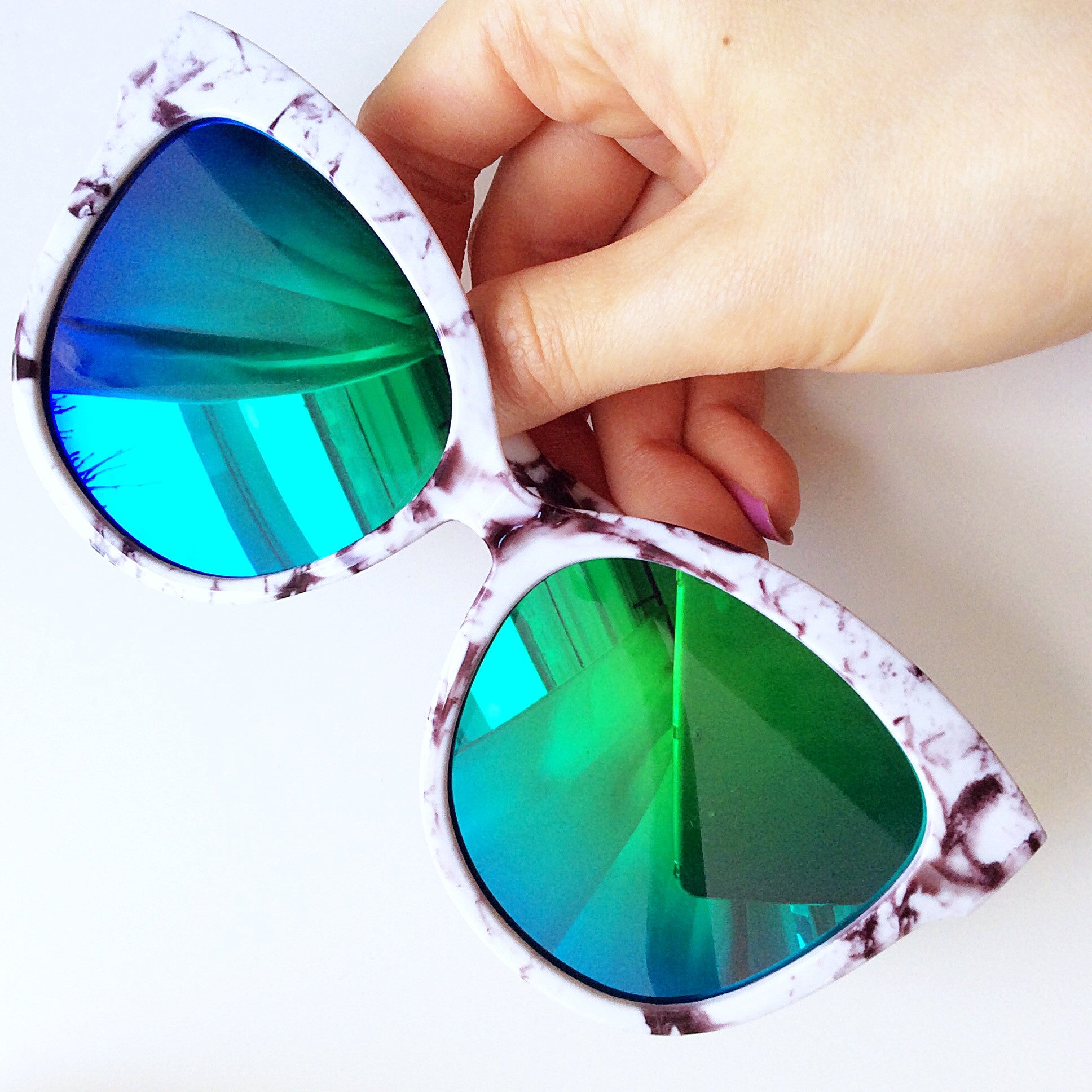 RETRO CATEYE MARBLE FRAME BLUE GREEN MIRROR LENS SUNGLASSES