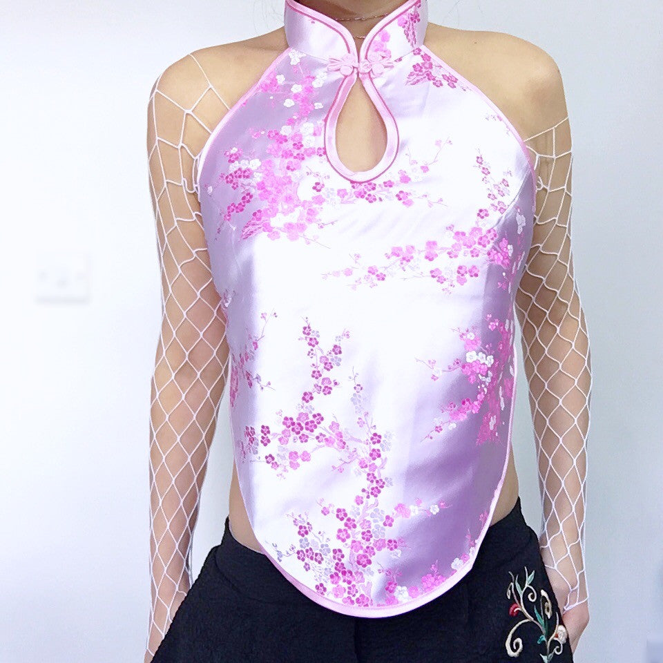 Y2K 90S 00S PINK PLUM BLOSSOM COLLAR SILKY TOP