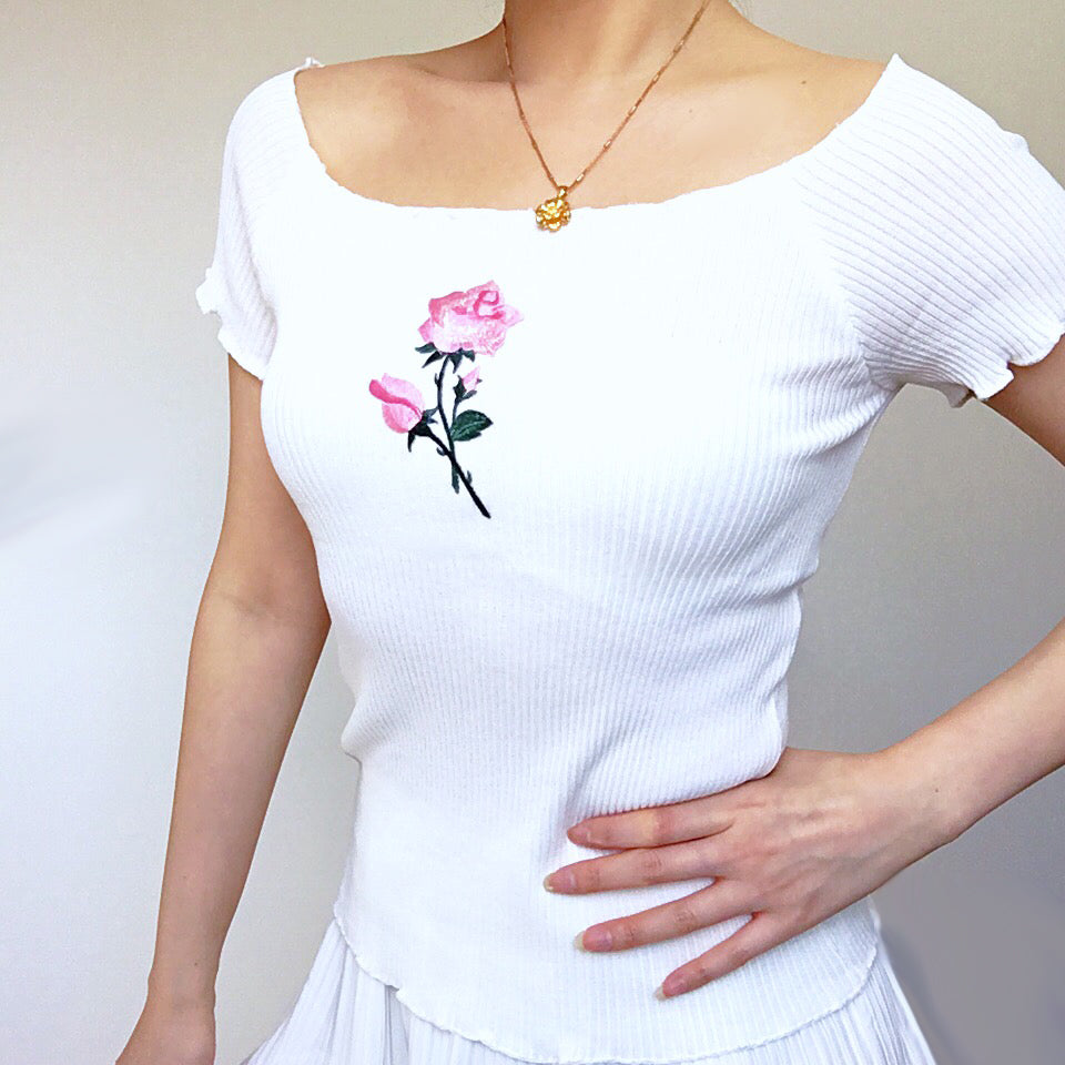 ROSE KNIT RIB OFF SHOULDER TOP