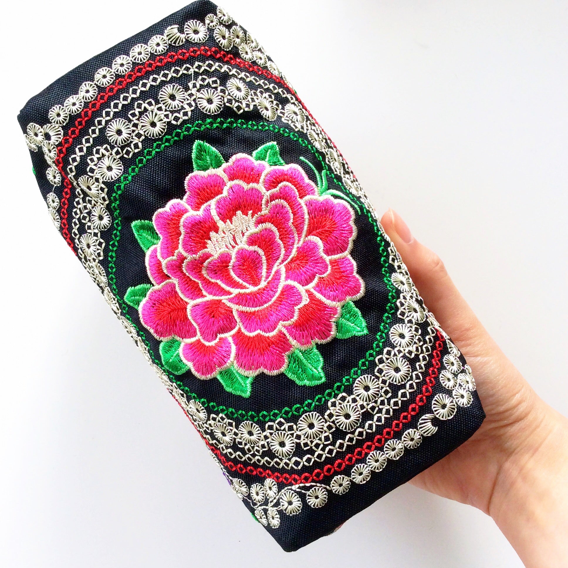 RED PINK MULTI COLOUR BLACK TRIBAL FLORAL EMBROIDERED BAG