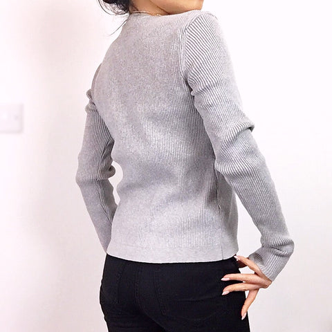 GREY RIB KNIT LONG SLEEVES DRAGON TOP