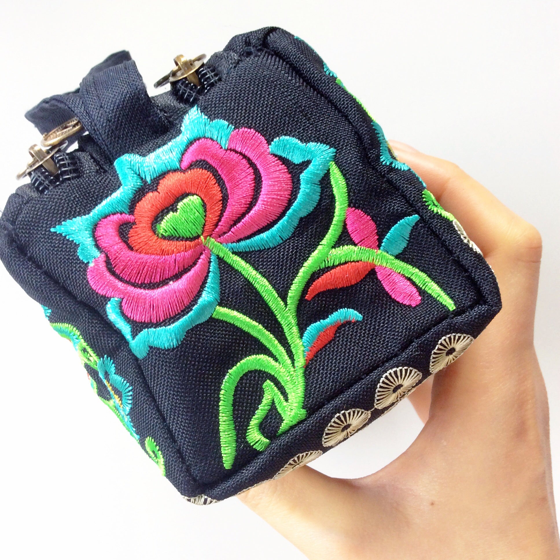 RED PINK MULTI COLOUR BLACK TRIBAL FLORAL EMBROIDERED BAG