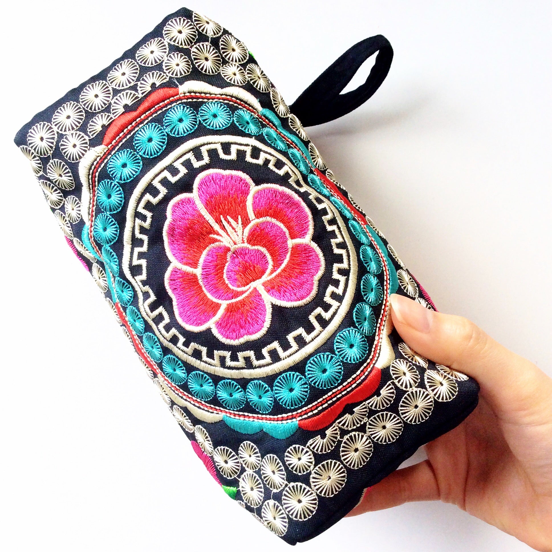 RED PINK MULTI COLOUR BLACK TRIBAL FLORAL EMBROIDERED BAG