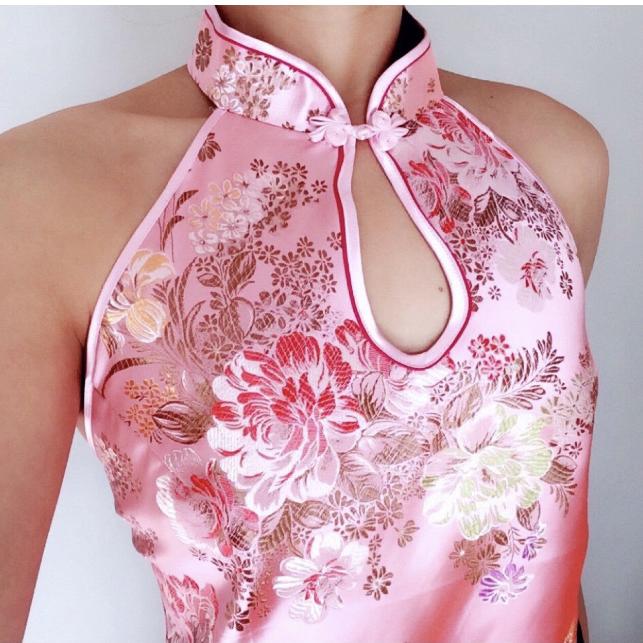 Y2K 90S 00S TREE PEONY FLORAL COLLAR SILKY TOP