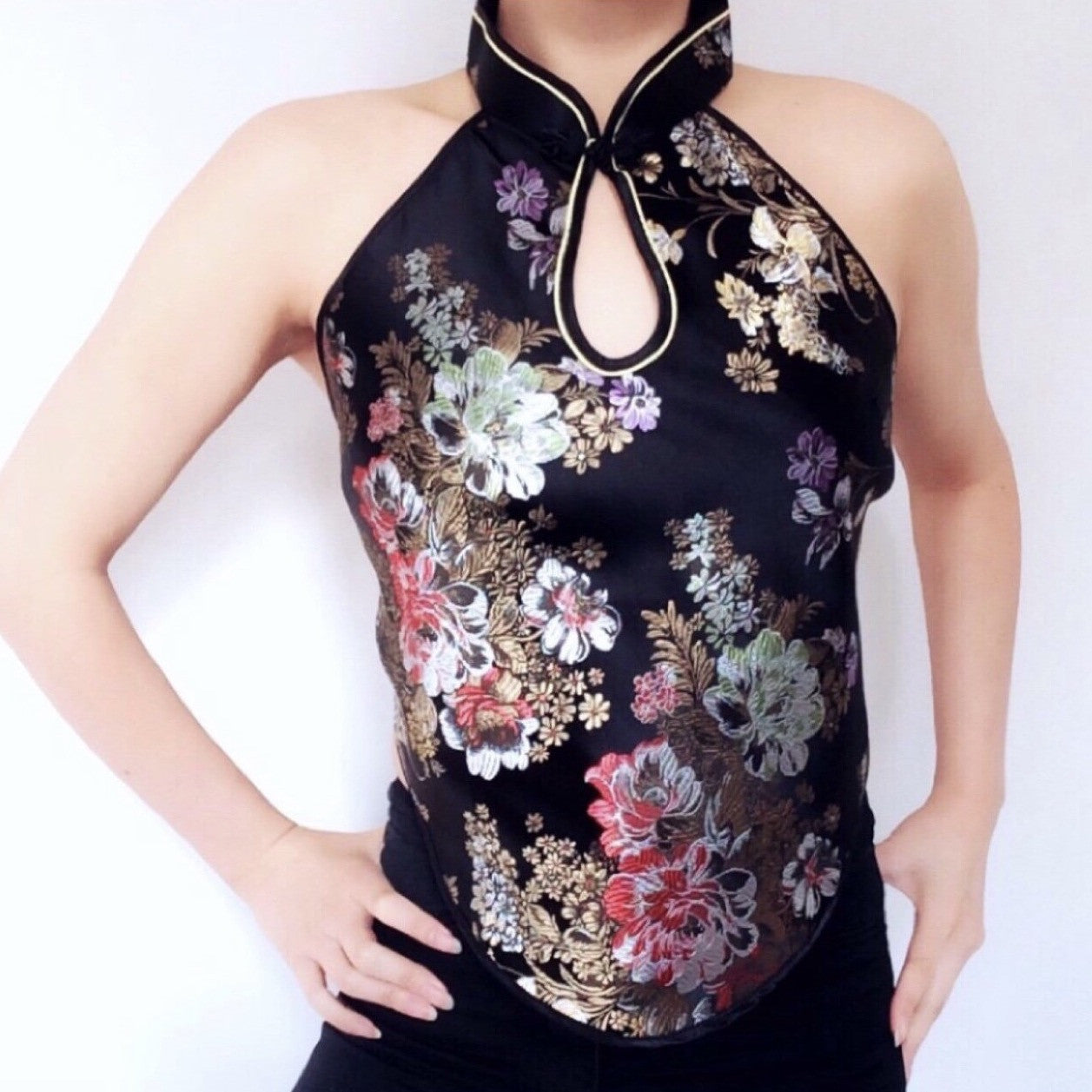 Y2K 90S 00S TREE PEONY FLORAL COLLAR SILKY TOP
