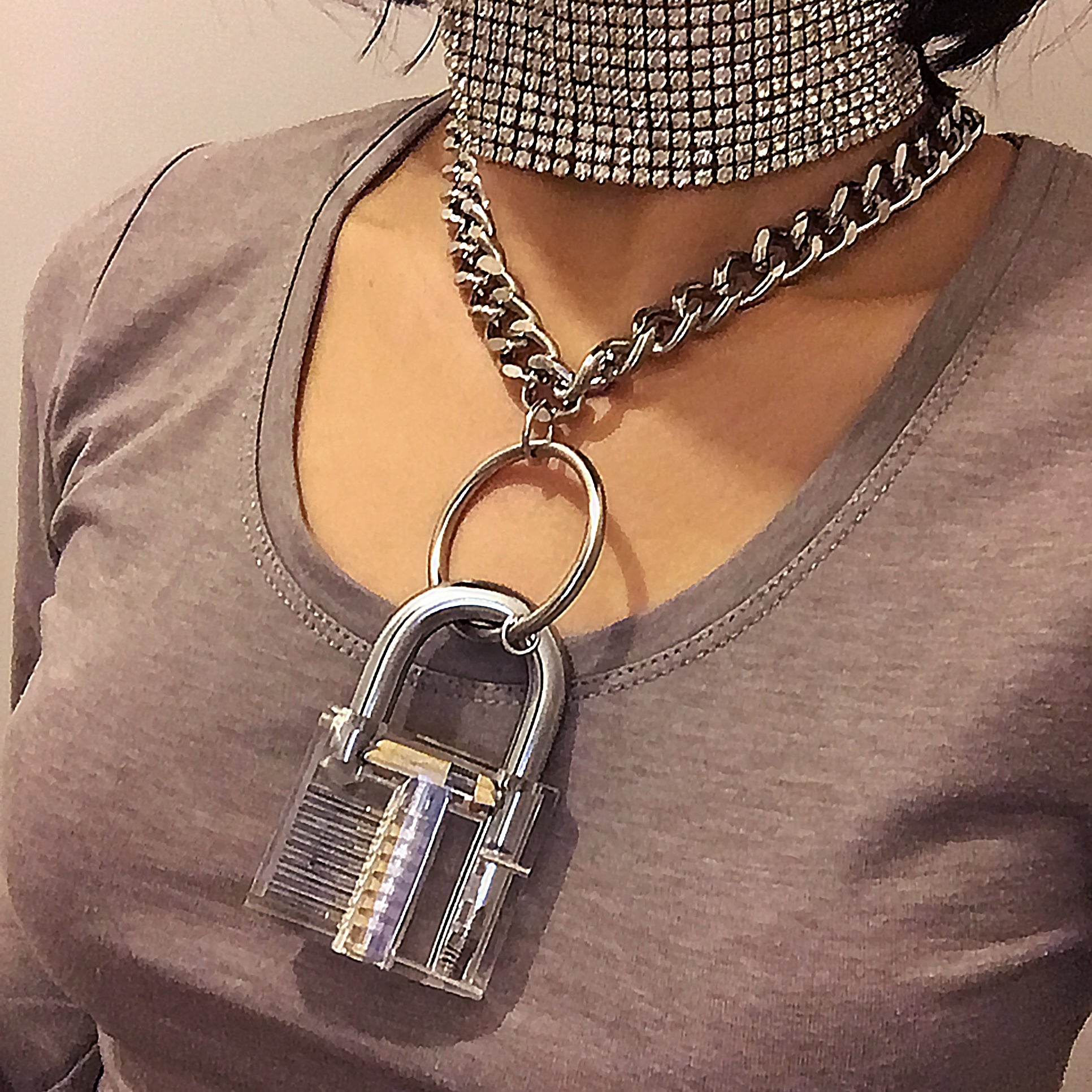 UNISEX SOLID RING SUPER LARGE LOCK SUPER BOLD CHAIN CHOKER LONG NECKLACE