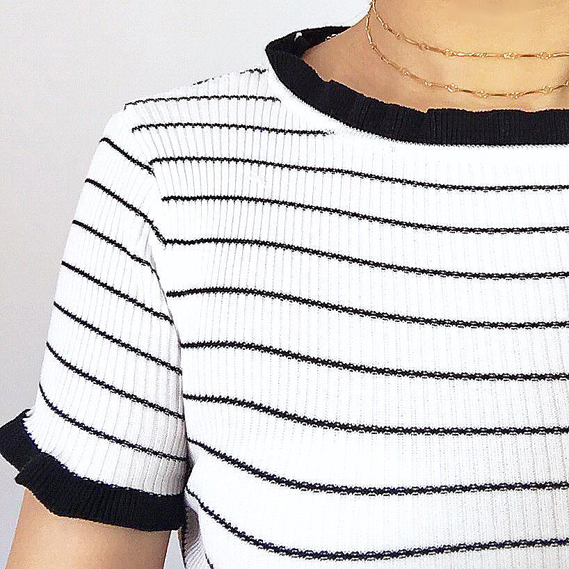 STRIPE KNIT RUFFLE EDGES TEE TOP
