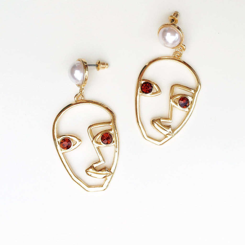 EMO PEARL DIAMANTÉ EYES ABSTRACT FACE EARRINGS