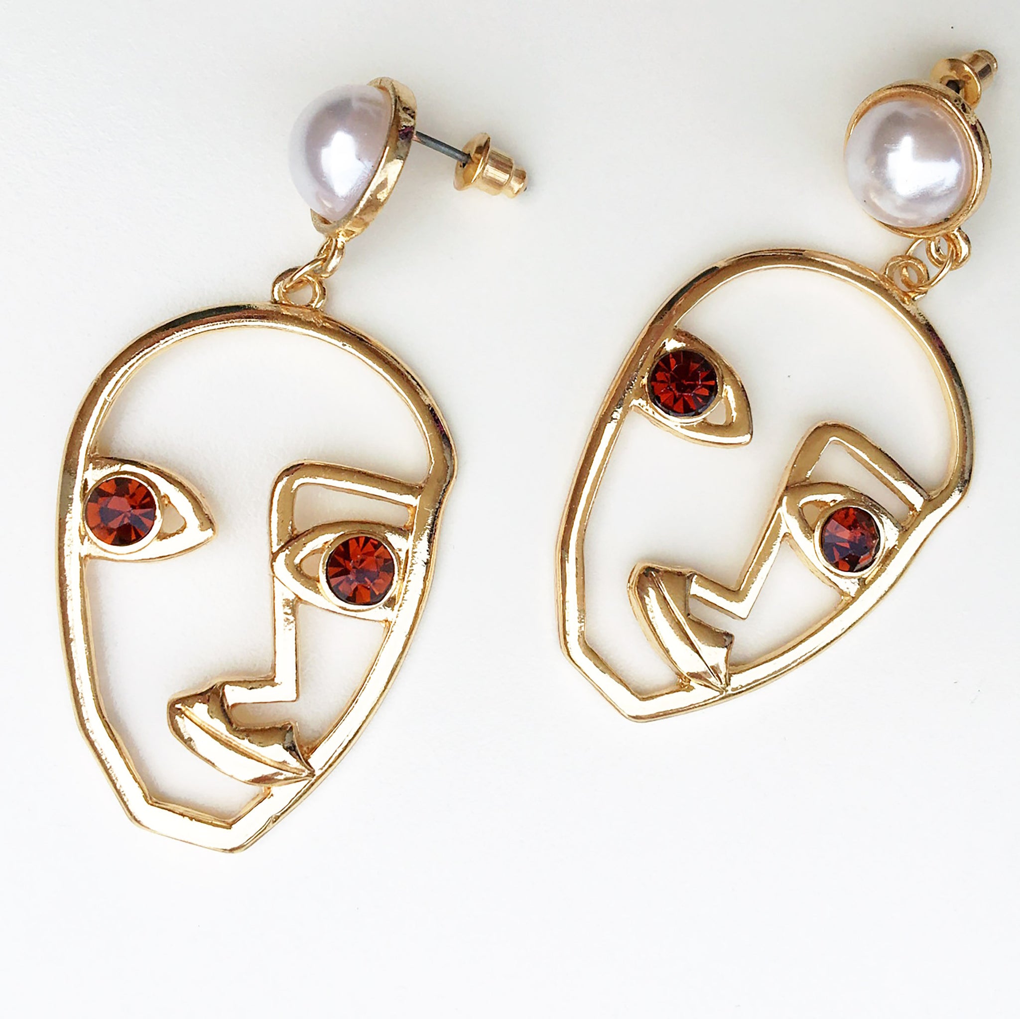 EMO PEARL DIAMANTÉ EYES ABSTRACT FACE EARRINGS