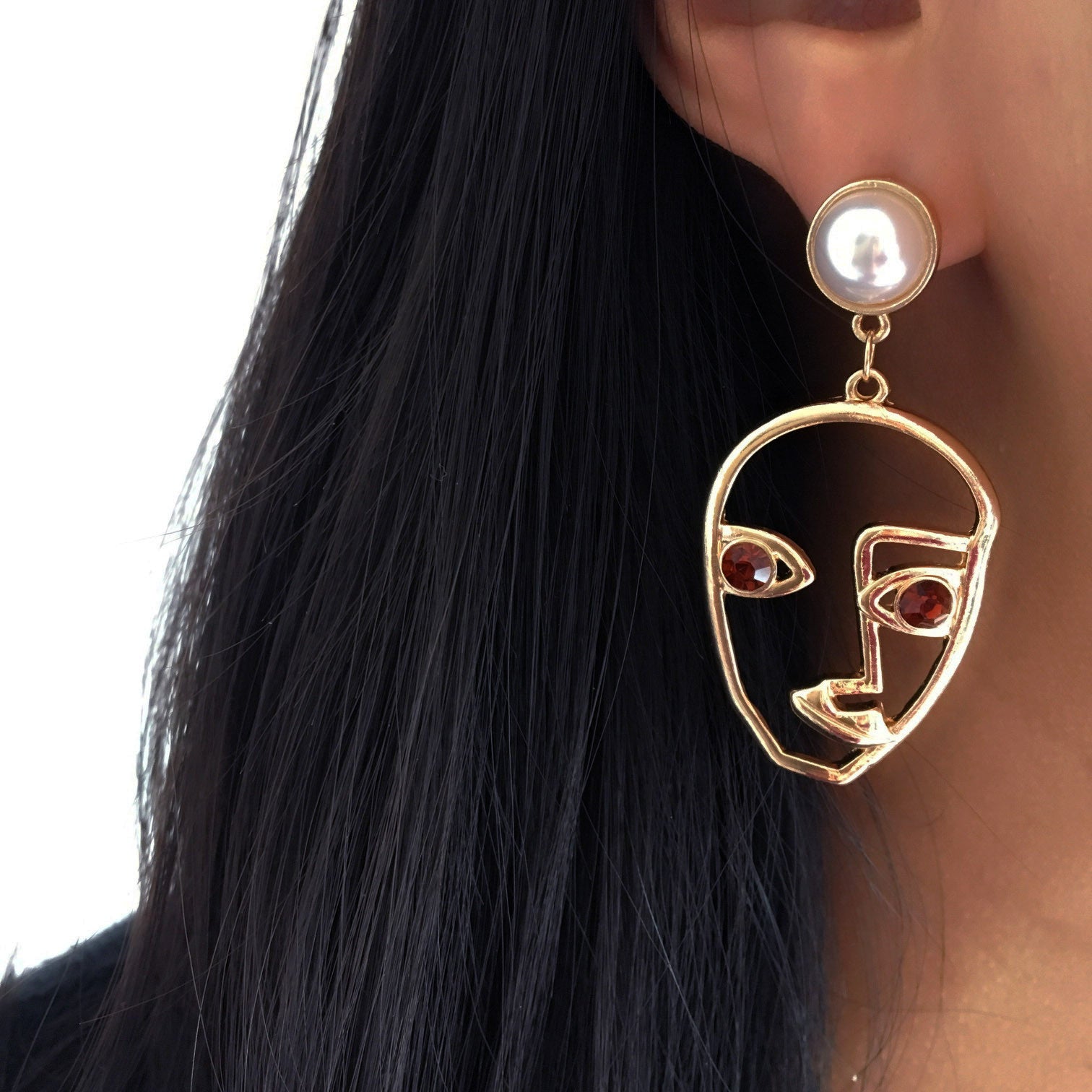 EMO PEARL DIAMANTÉ EYES ABSTRACT FACE EARRINGS