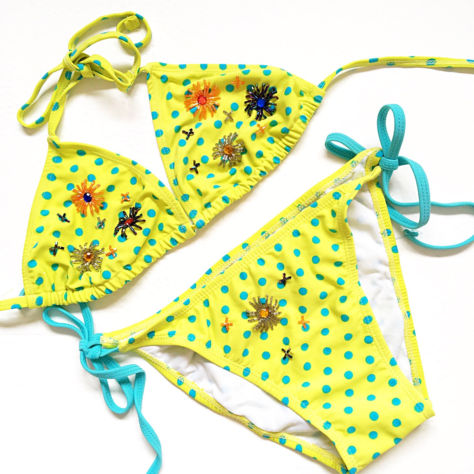 90S Y2K FLORAL BEADED DOTTY BIKINI SET