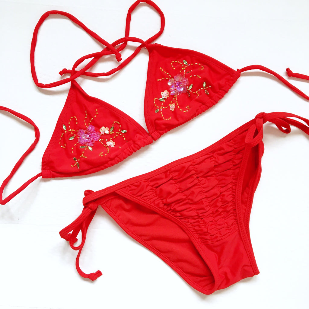 90s FLORAL BEADED RED BIKINI SET