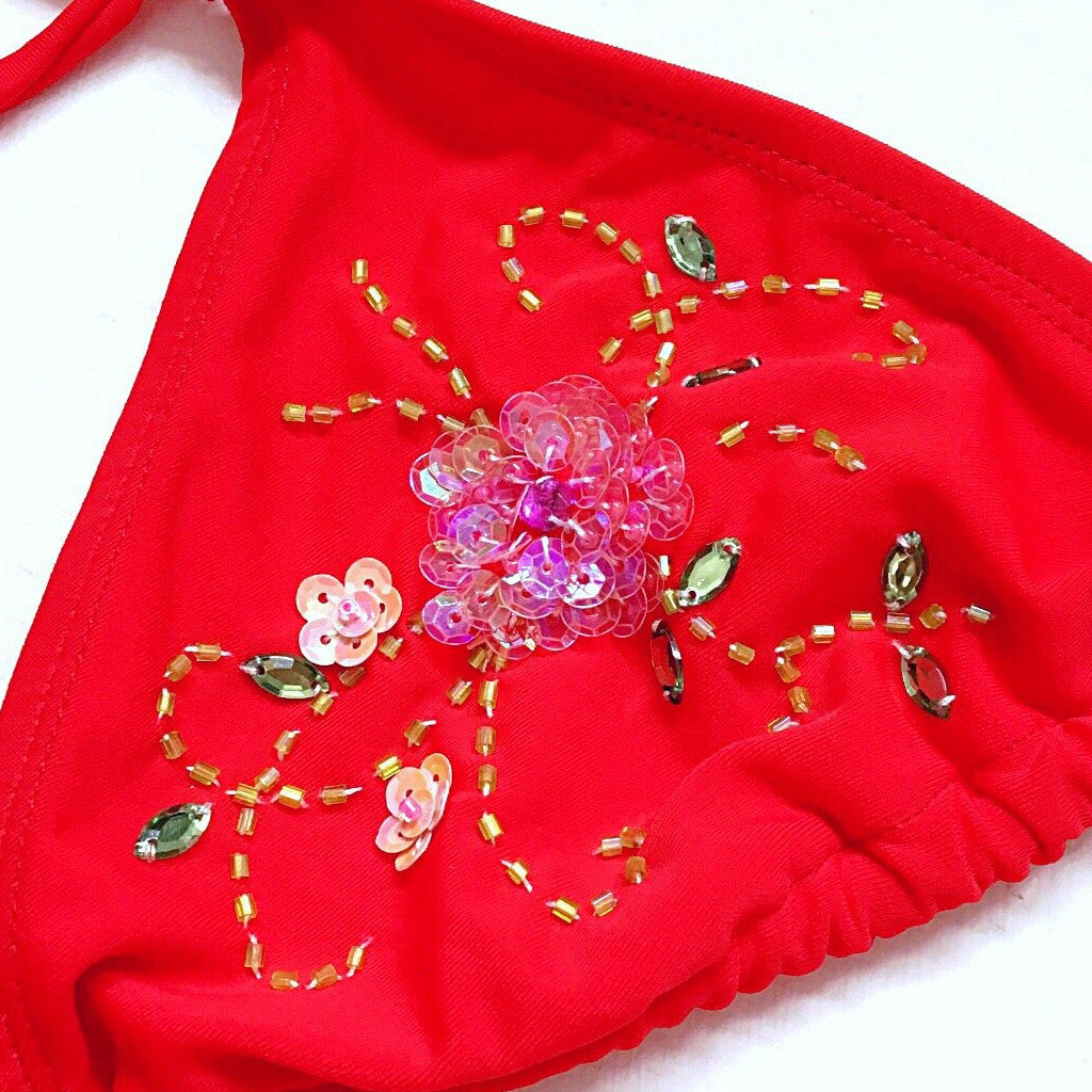 90s FLORAL BEADED RED BIKINI SET