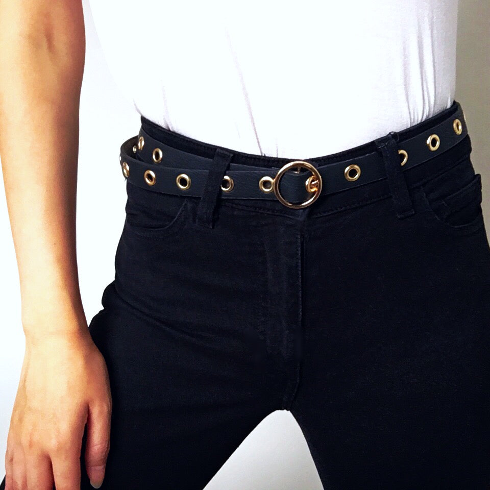 GOLD EYELET BLACK FAUX LEATHER BELT