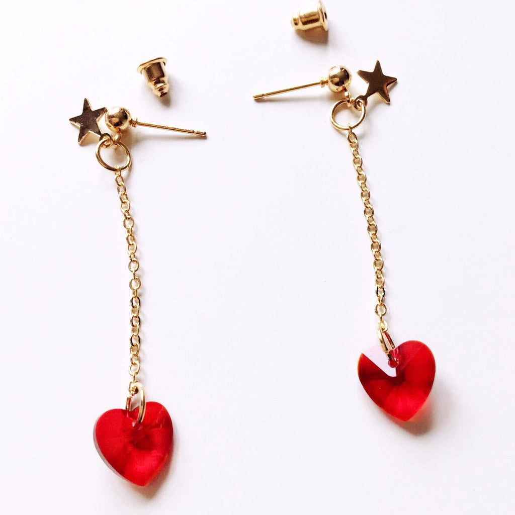 STARS CHAIN CLEAR HEART EARRINGS