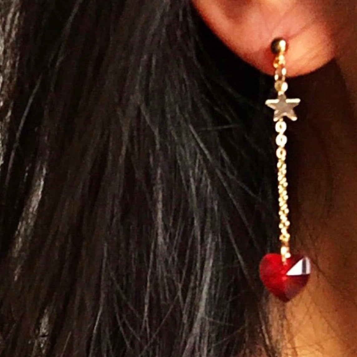 STARS CHAIN CLEAR HEART EARRINGS