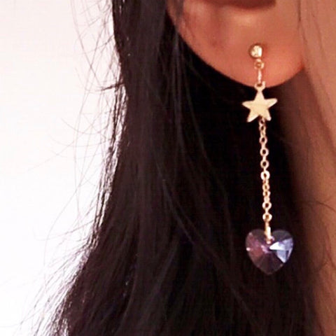 STARS CHAIN CLEAR HEART EARRINGS