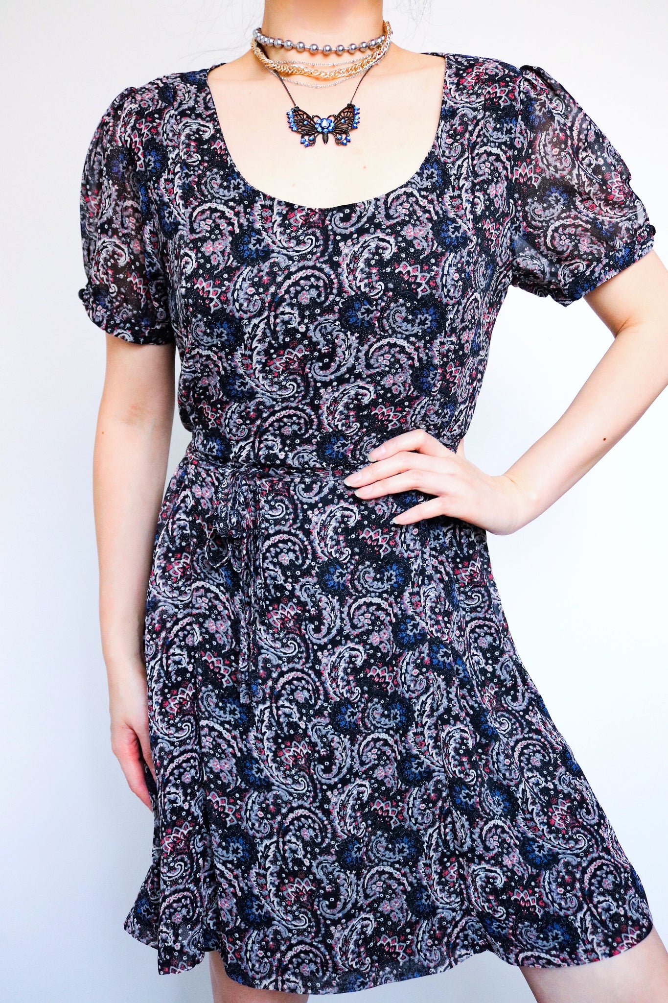VINTAGE 90s BLACK MULTI COLOUR TRIBEL PAISLEY INSPIRED PATTERN CHIFFON TEA DRESS