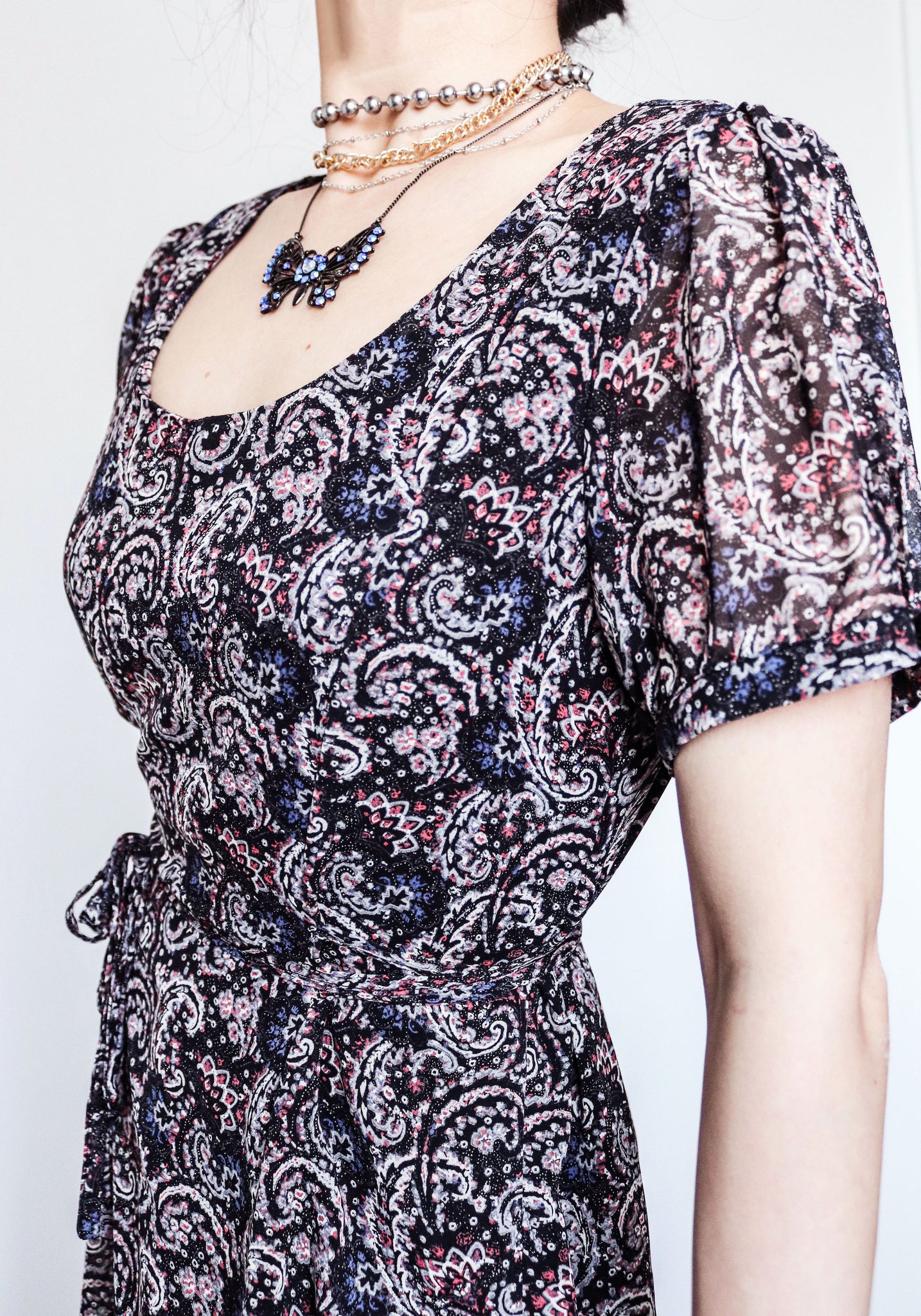 VINTAGE 90s BLACK MULTI COLOUR TRIBEL PAISLEY INSPIRED PATTERN CHIFFON TEA DRESS
